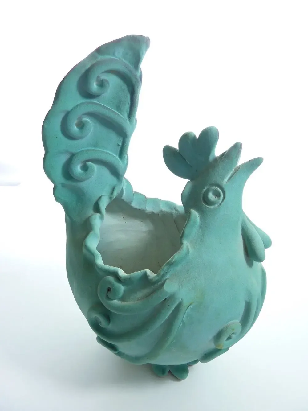 Vintage Signed Studio Pottery Blue Ceramic Rooster Chicken Planter Pot 8.5